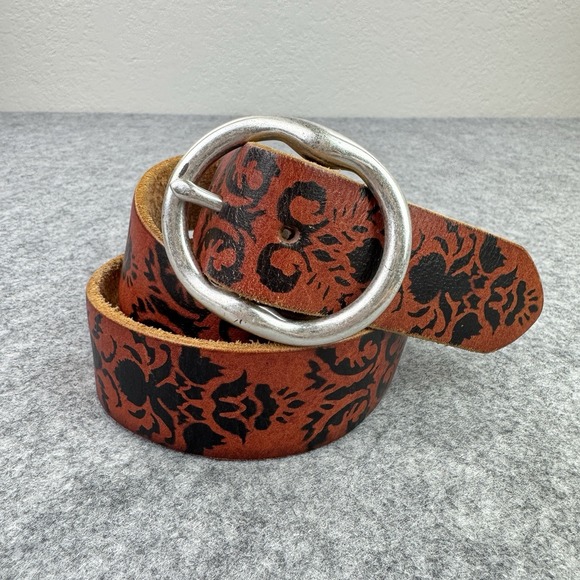 VTG Lucky Brand Belt Womens 32 Leather Floral BURUR 318‎ Boho Silver Tone Brass